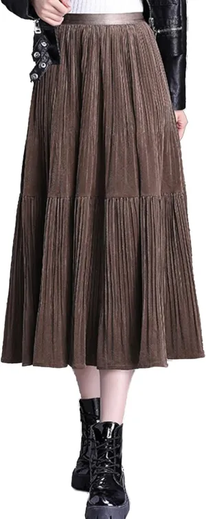 Womens Velvet High Waist Midi Skirt Casual Elastic Waist Flared Layered Pleated Skirt