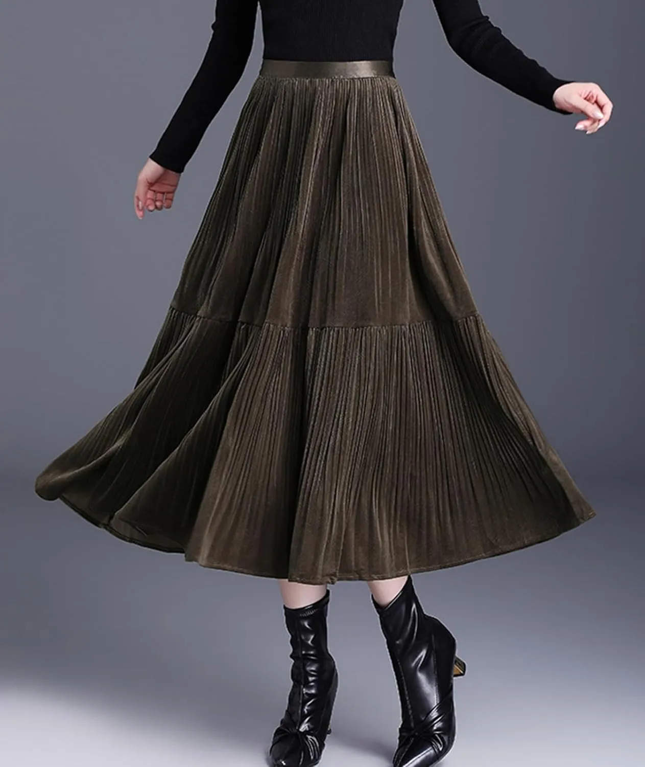 Womens Velvet High Waist Midi Skirt Casual Elastic Waist Flared Layered Pleated Skirt