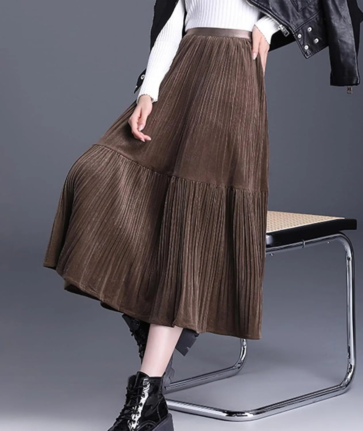 Womens Velvet High Waist Midi Skirt Casual Elastic Waist Flared Layered Pleated Skirt