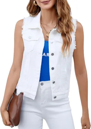 Women's Vests Denim Jacket Sleeveless Slim Fit Distressed Crop Coats with Pockets