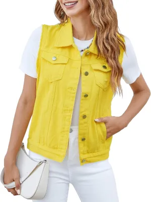 Women's Vests Denim Jacket Sleeveless Slim Fit Distressed Crop Coats with Pockets