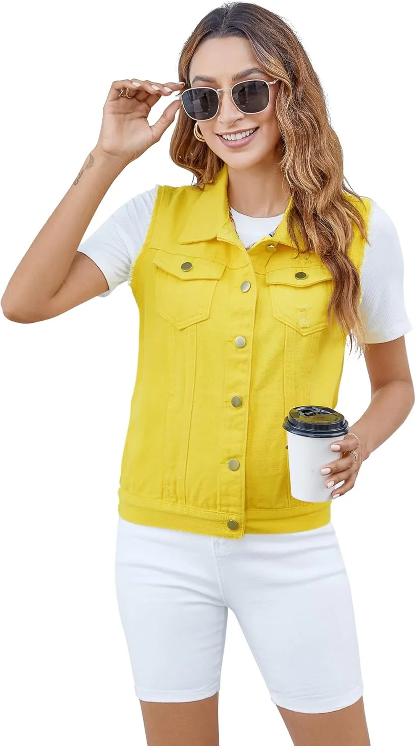 Women's Vests Denim Jacket Sleeveless Slim Fit Distressed Crop Coats with Pockets