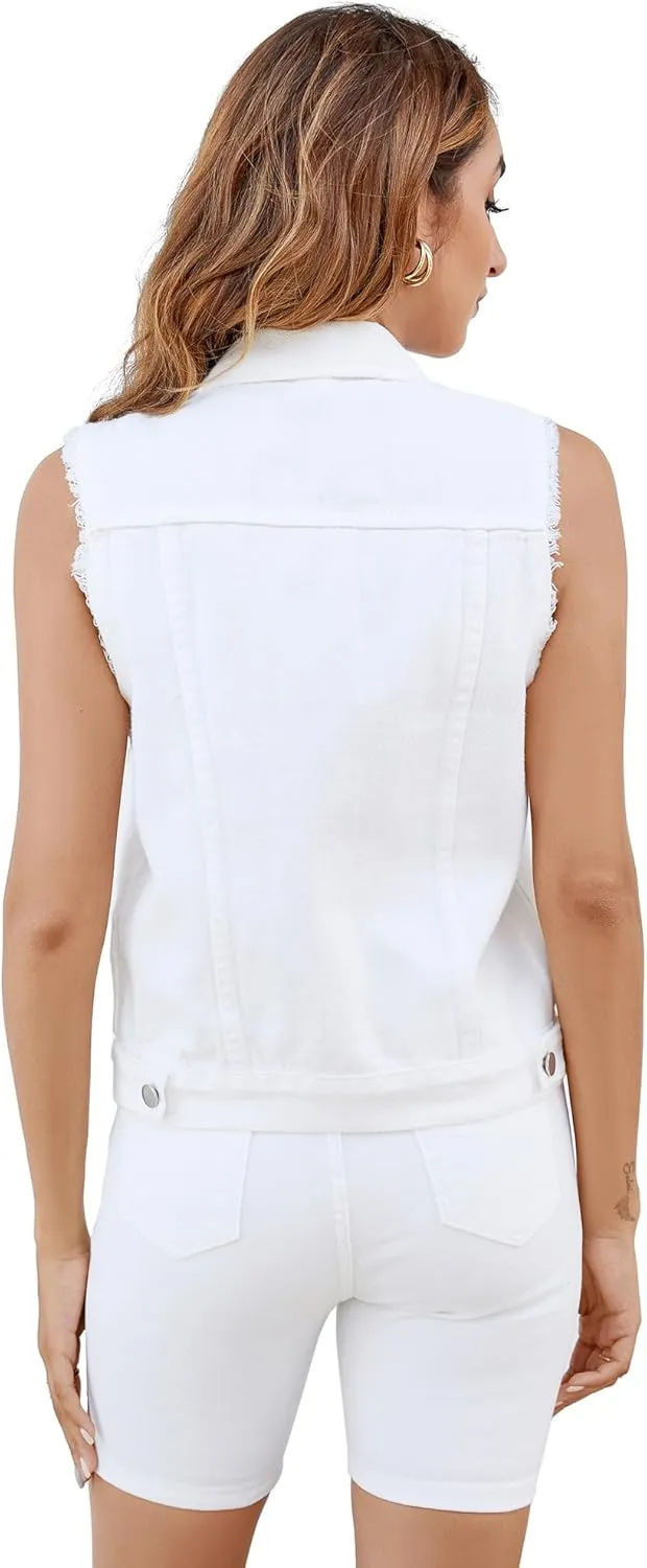 Women's Vests Denim Jacket Sleeveless Slim Fit Distressed Crop Coats with Pockets