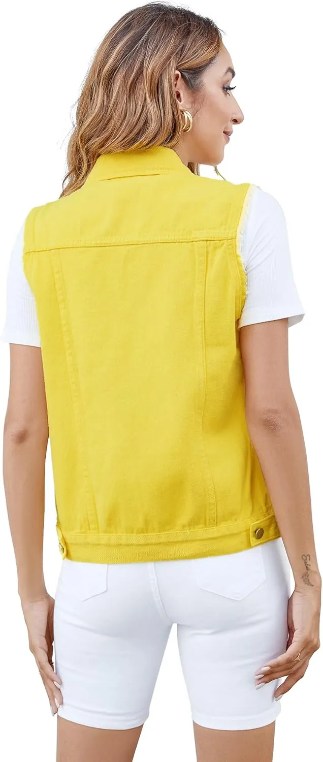 Women's Vests Denim Jacket Sleeveless Slim Fit Distressed Crop Coats with Pockets