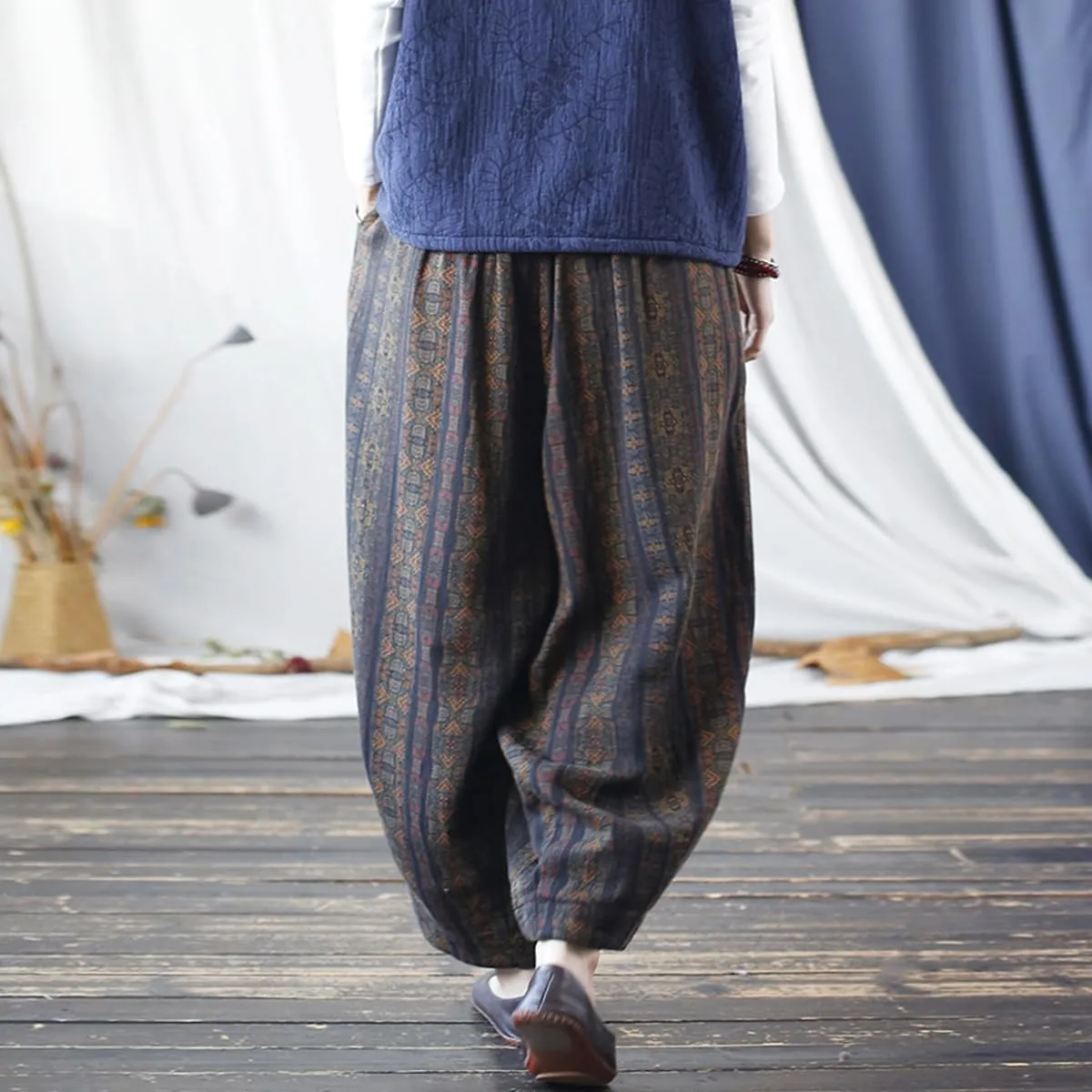 Women's Vintage Baggy Pants Summer Elastic Waist Casual Lightweight Cotton Wide Leg Harem Lantern Pants