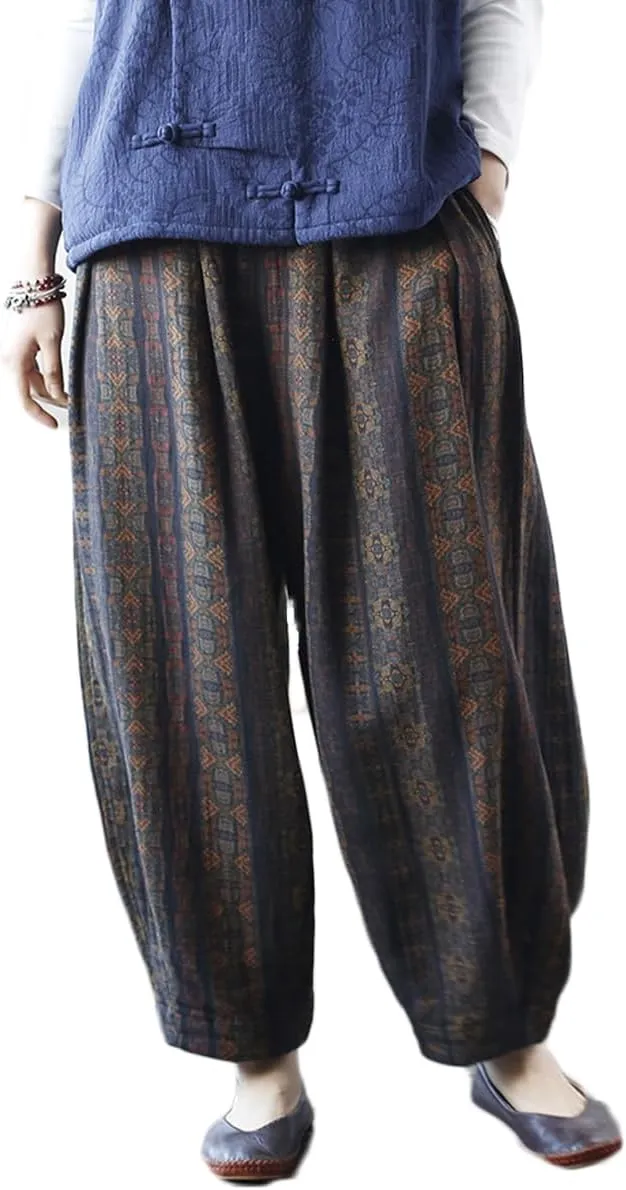 Women's Vintage Baggy Pants Summer Elastic Waist Casual Lightweight Cotton Wide Leg Harem Lantern Pants
