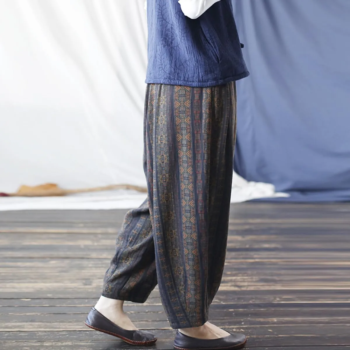 Women's Vintage Baggy Pants Summer Elastic Waist Casual Lightweight Cotton Wide Leg Harem Lantern Pants