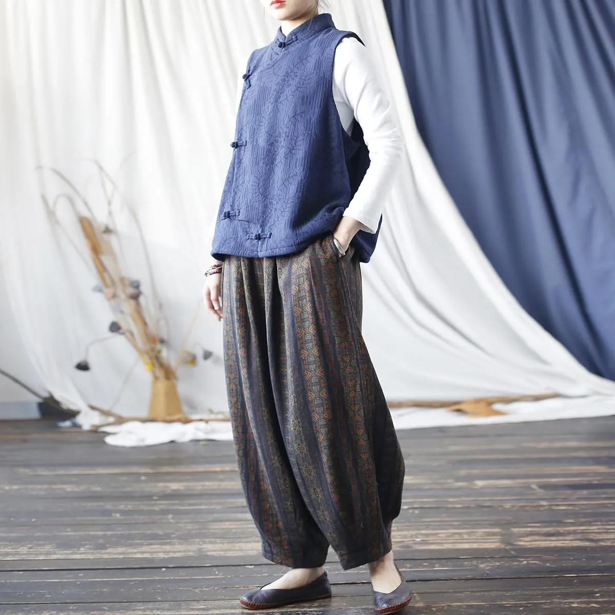 Women's Vintage Baggy Pants Summer Elastic Waist Casual Lightweight Cotton Wide Leg Harem Lantern Pants