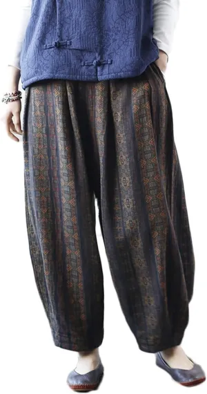 Women's Vintage Baggy Pants Summer Elastic Waist Casual Lightweight Cotton Wide Leg Harem Lantern Pants