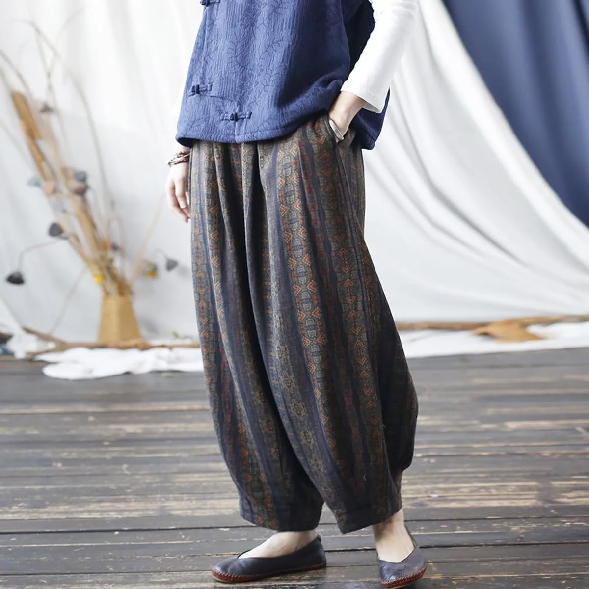 Women's Vintage Baggy Pants Summer Elastic Waist Casual Lightweight Cotton Wide Leg Harem Lantern Pants