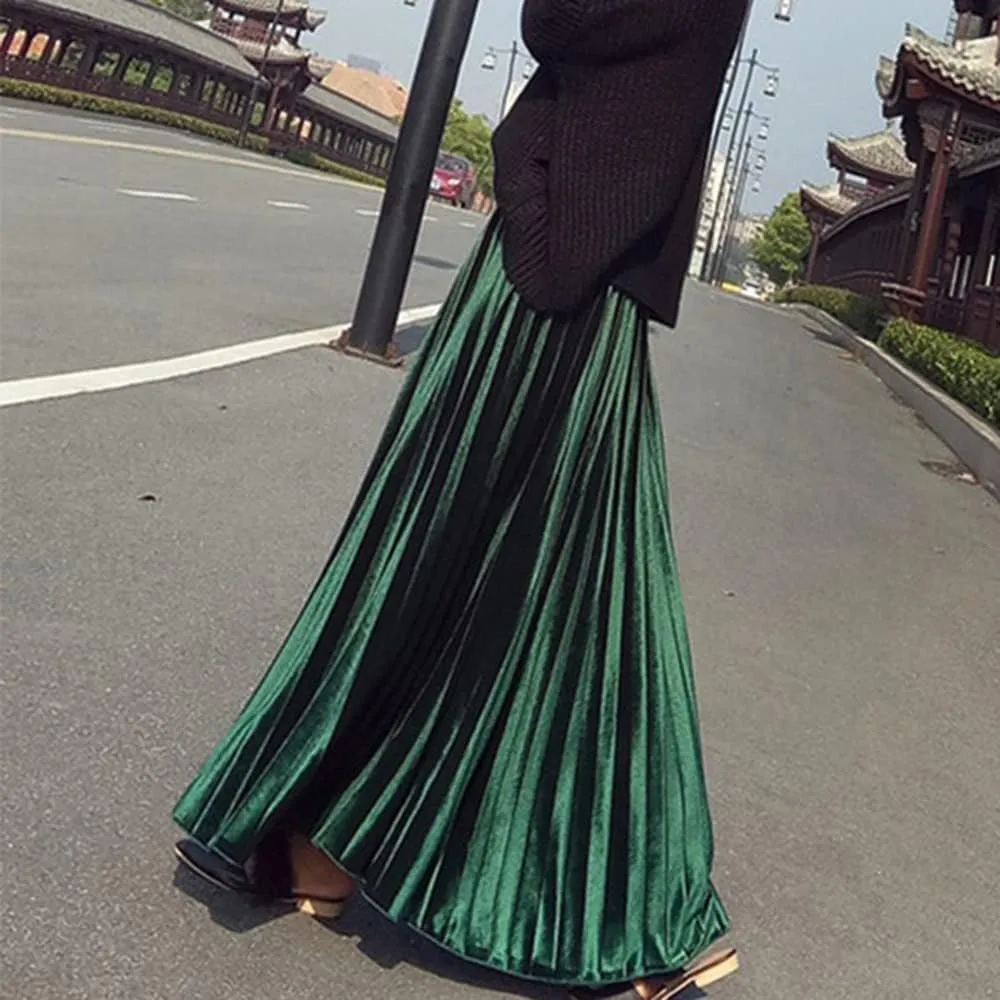 Women's Vintage Velvet Long Skirt High Waist Pleated Skirt
