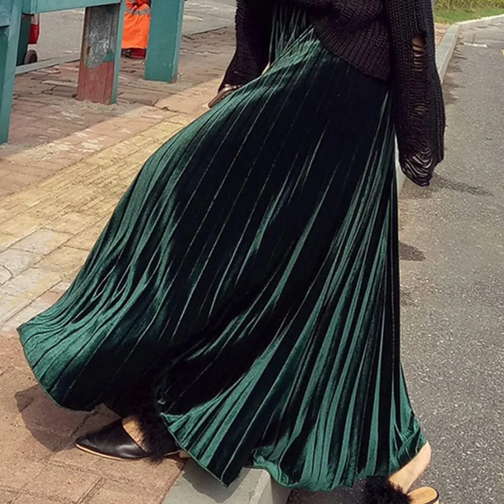 Women's Vintage Velvet Long Skirt High Waist Pleated Skirt
