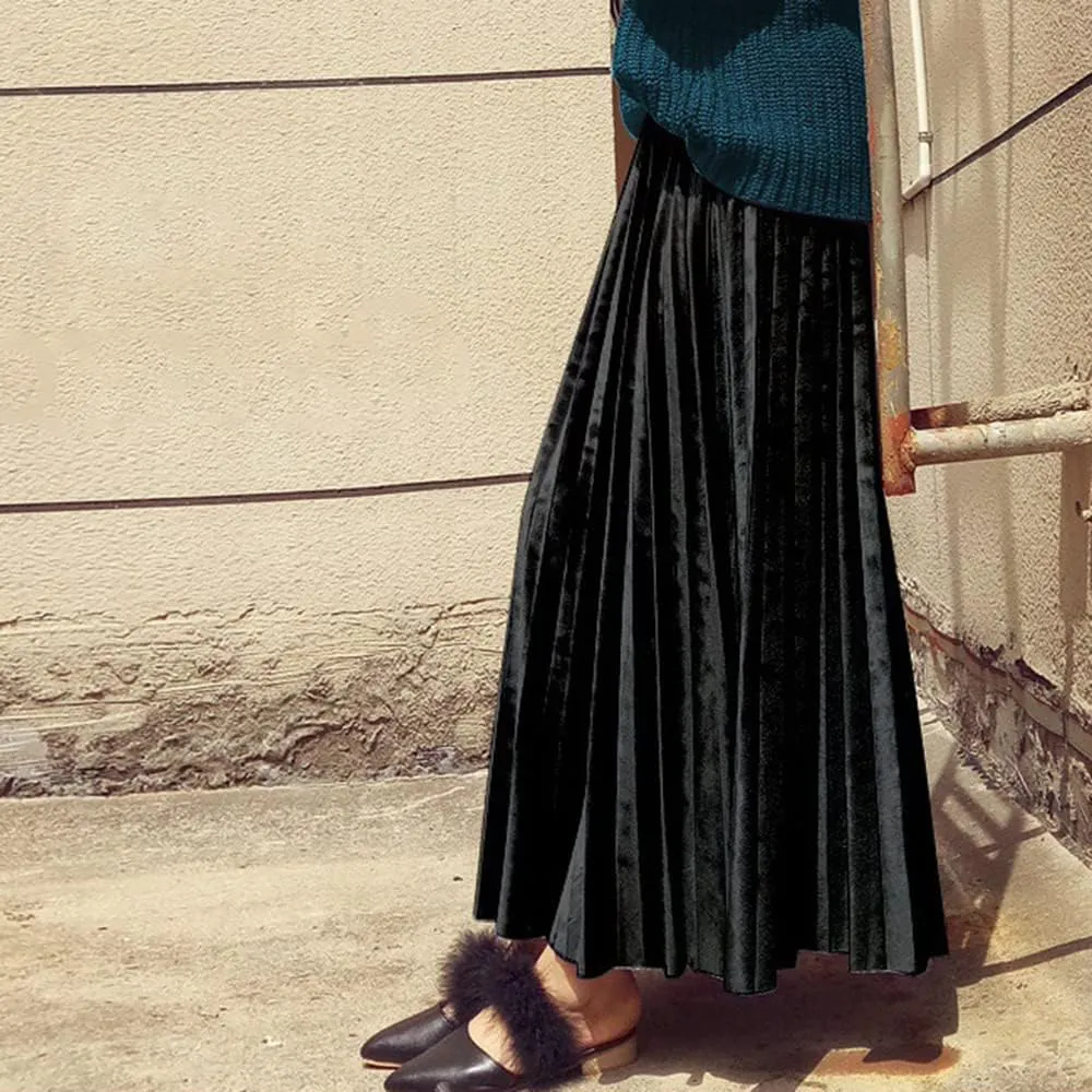 Women's Vintage Velvet Long Skirt High Waist Pleated Skirt