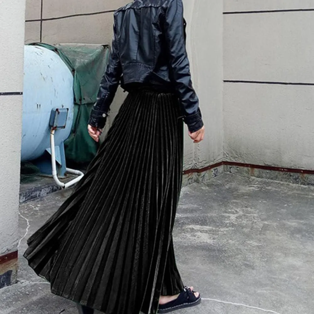 Women's Vintage Velvet Long Skirt High Waist Pleated Skirt