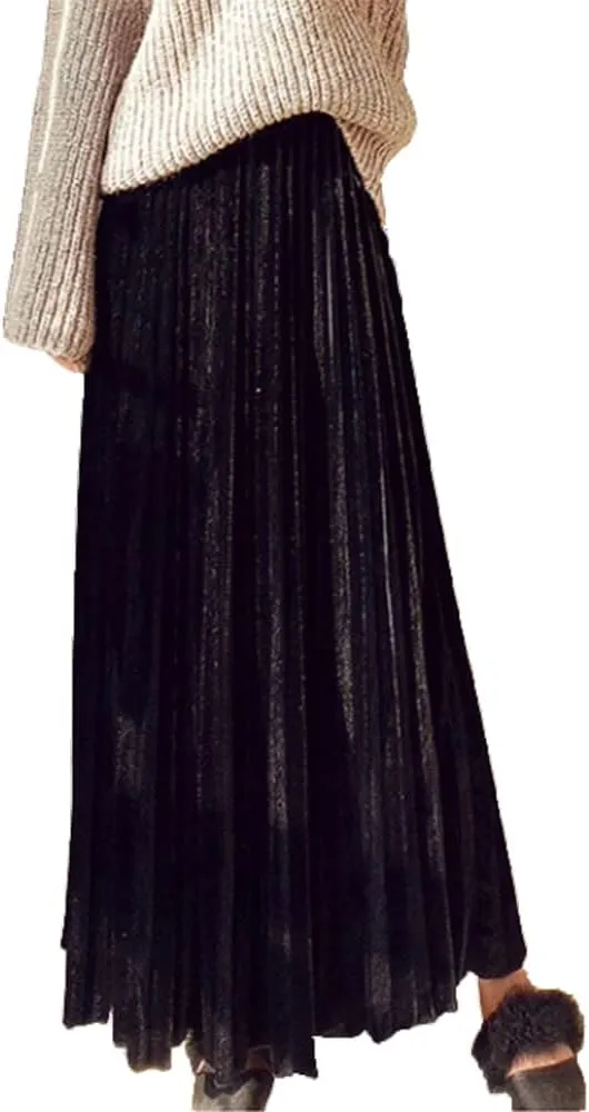 Women's Vintage Velvet Long Skirt High Waist Pleated Skirt