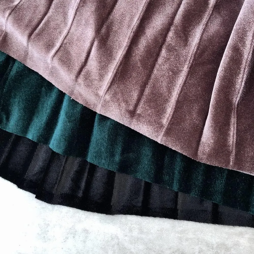 Women's Vintage Velvet Long Skirt High Waist Pleated Skirt