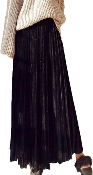 Women's Vintage Velvet Long Skirt High Waist Pleated Skirt