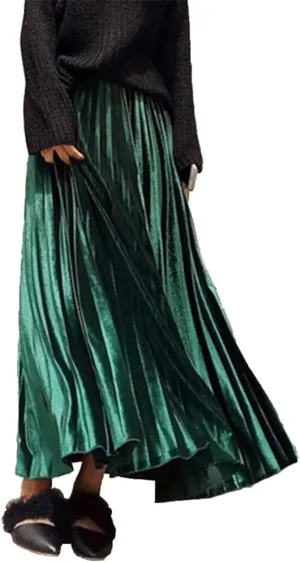 Women's Vintage Velvet Long Skirt High Waist Pleated Skirt
