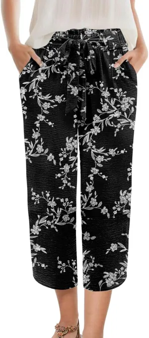 Womens Wide Leg Capri Pants Elastic High Waisted Adjustable Knot Pants Loose Casual Trousers with Pockets
