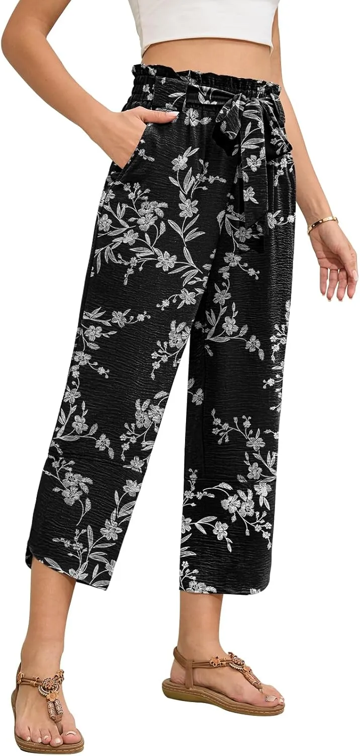 Womens Wide Leg Capri Pants Elastic High Waisted Adjustable Knot Pants Loose Casual Trousers with Pockets