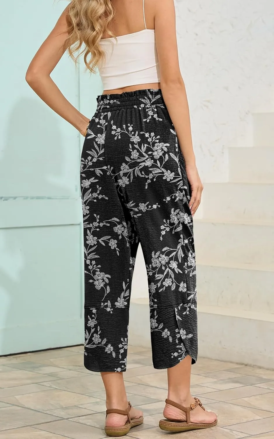 Womens Wide Leg Capri Pants Elastic High Waisted Adjustable Knot Pants Loose Casual Trousers with Pockets