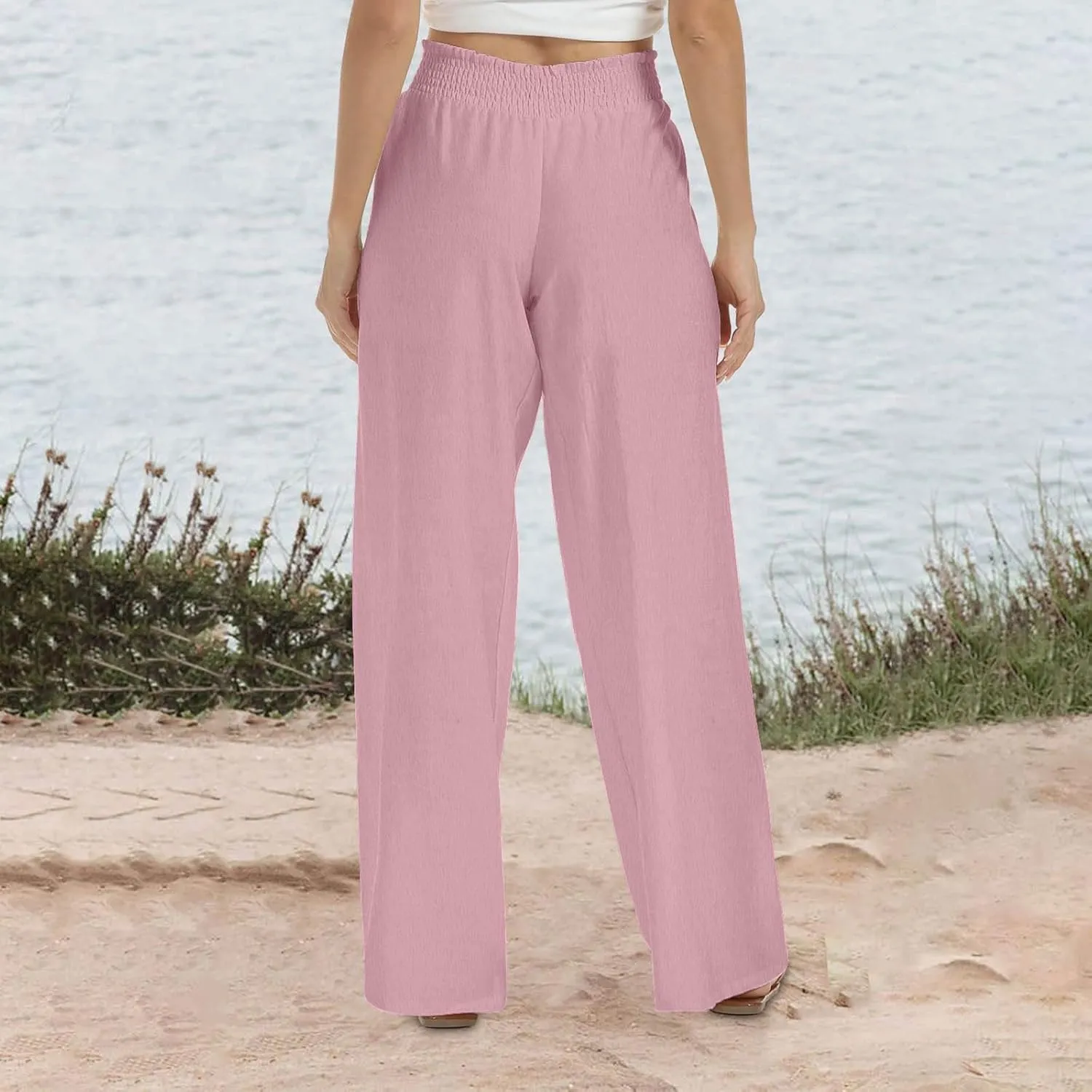 Womens Wide Leg Pants Elastic High Waist Sweatpants Casual Solid Trousers Summer Lounge Straight Pants with Pockets