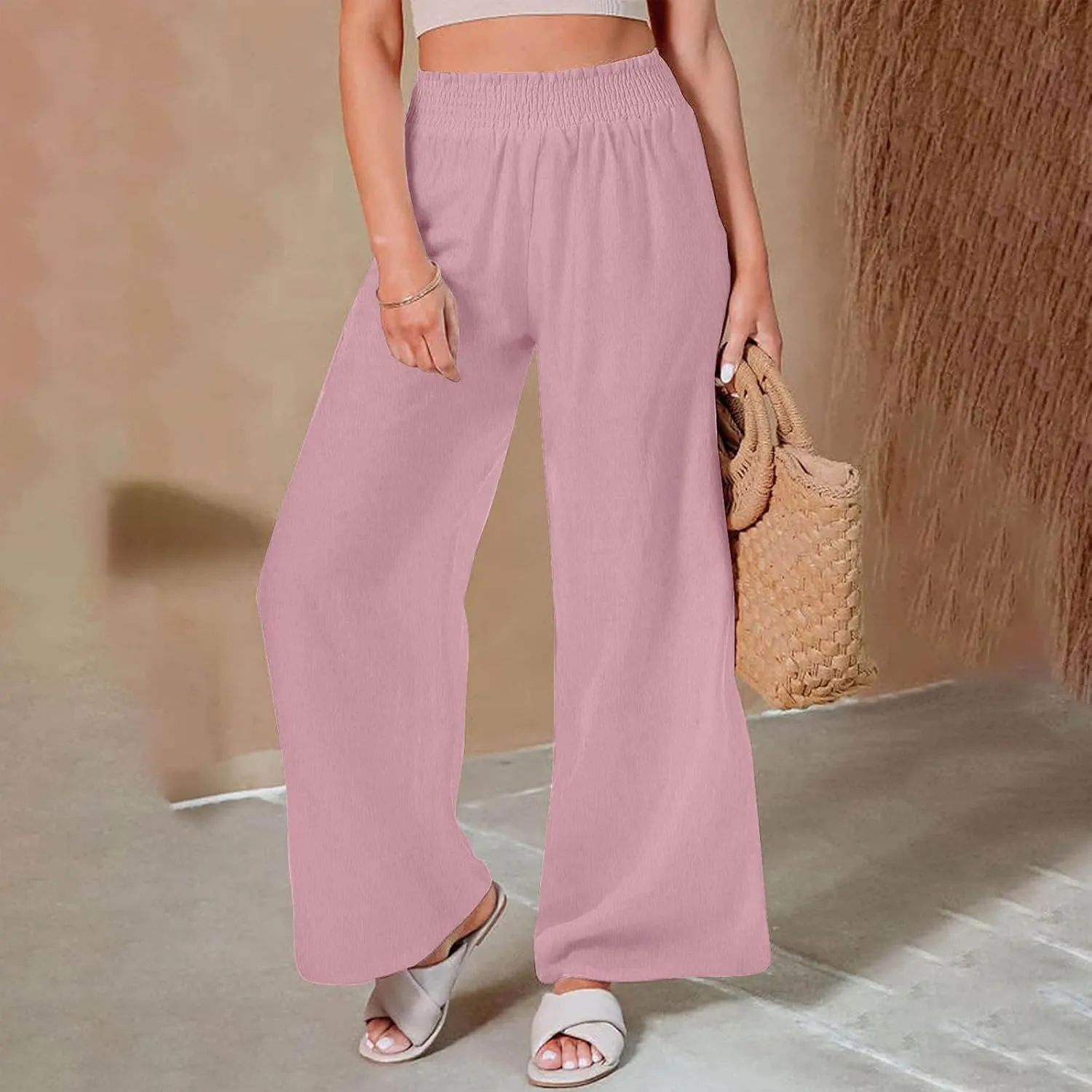 Womens Wide Leg Pants Elastic High Waist Sweatpants Casual Solid Trousers Summer Lounge Straight Pants with Pockets