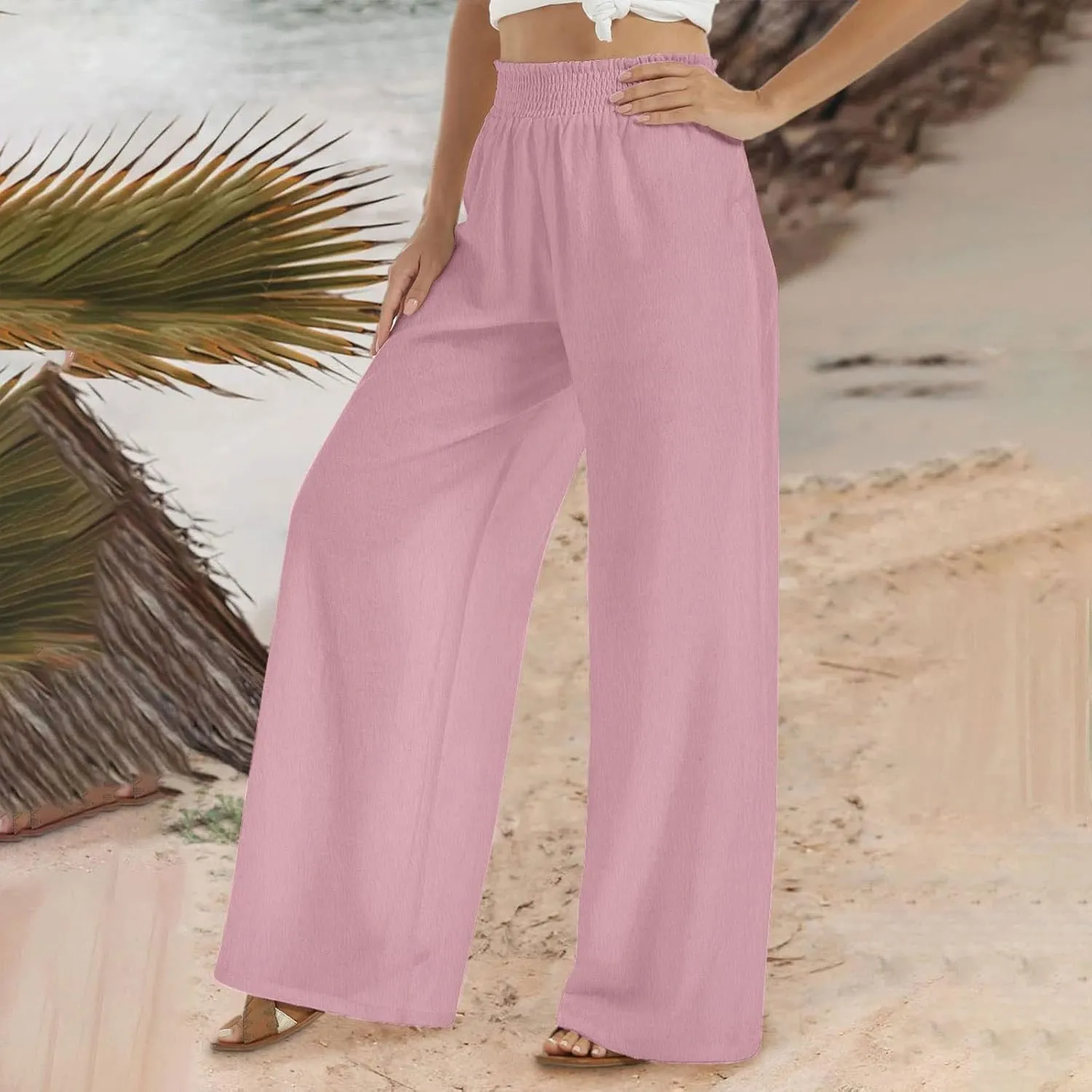Womens Wide Leg Pants Elastic High Waist Sweatpants Casual Solid Trousers Summer Lounge Straight Pants with Pockets