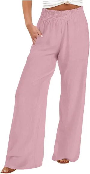 Womens Wide Leg Pants Elastic High Waist Sweatpants Casual Solid Trousers Summer Lounge Straight Pants with Pockets