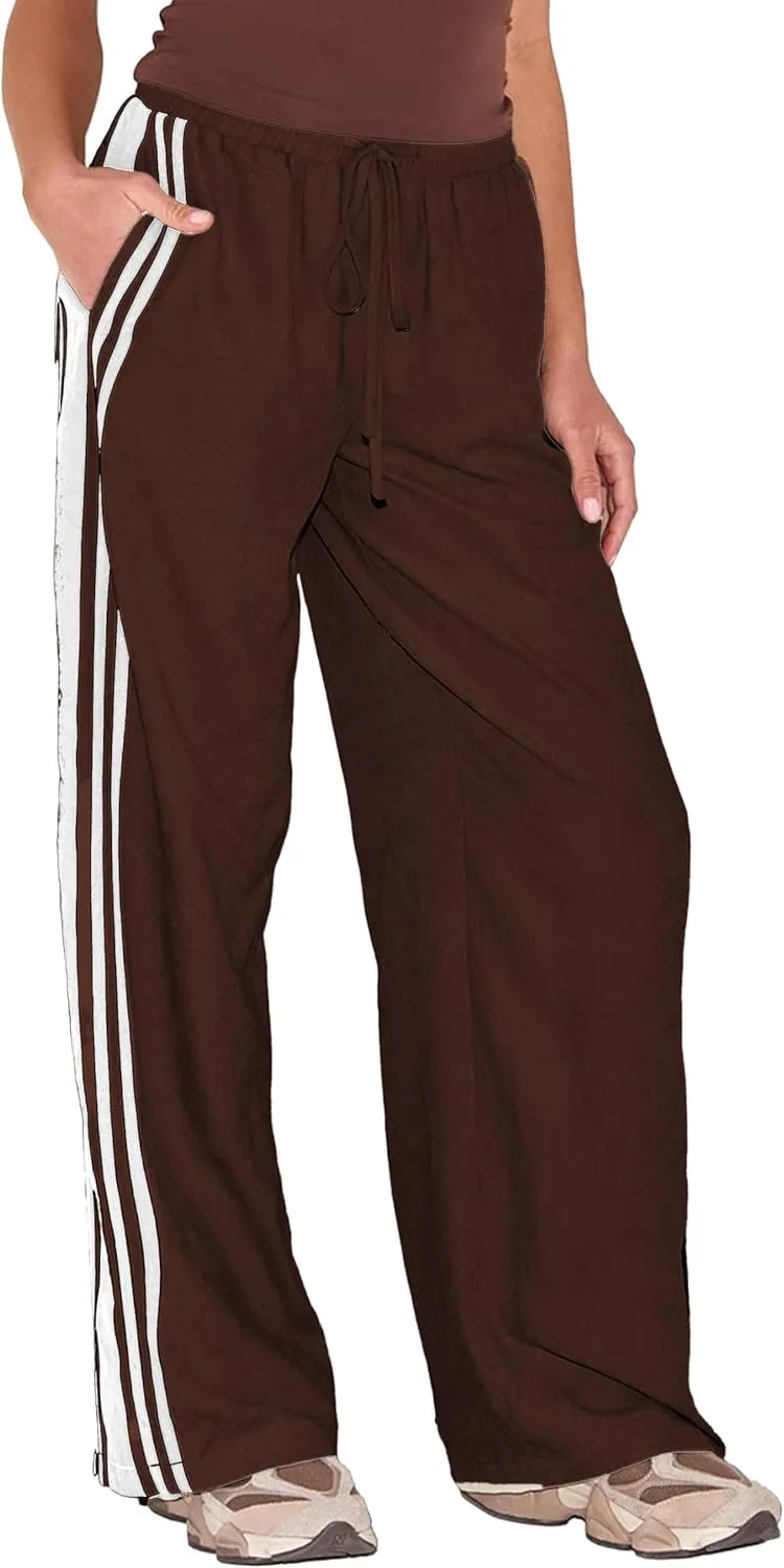 Women's Wide Leg Pants Side Striped Drawstring Palazzo Pants with Pockets