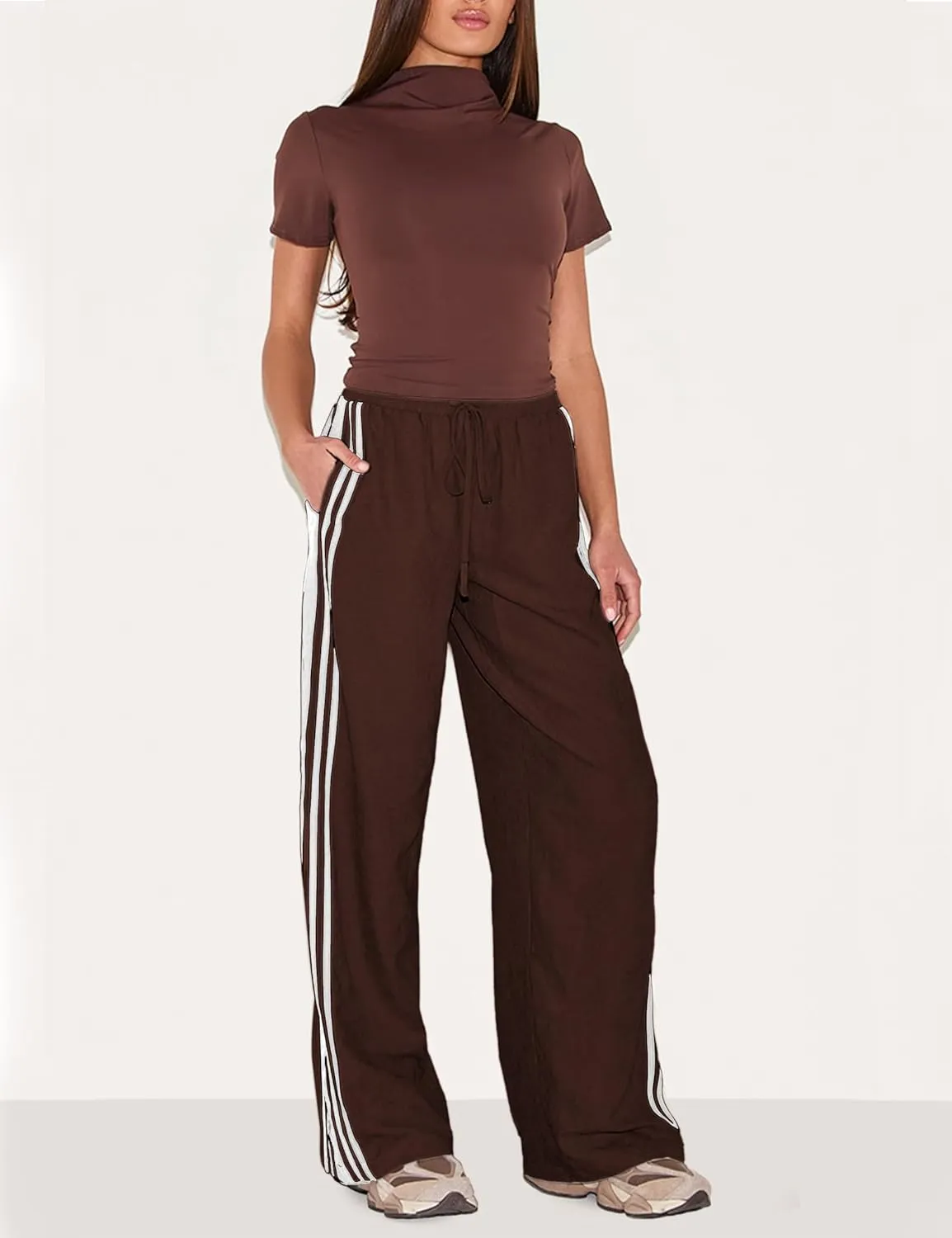 Women's Wide Leg Pants Side Striped Drawstring Palazzo Pants with Pockets