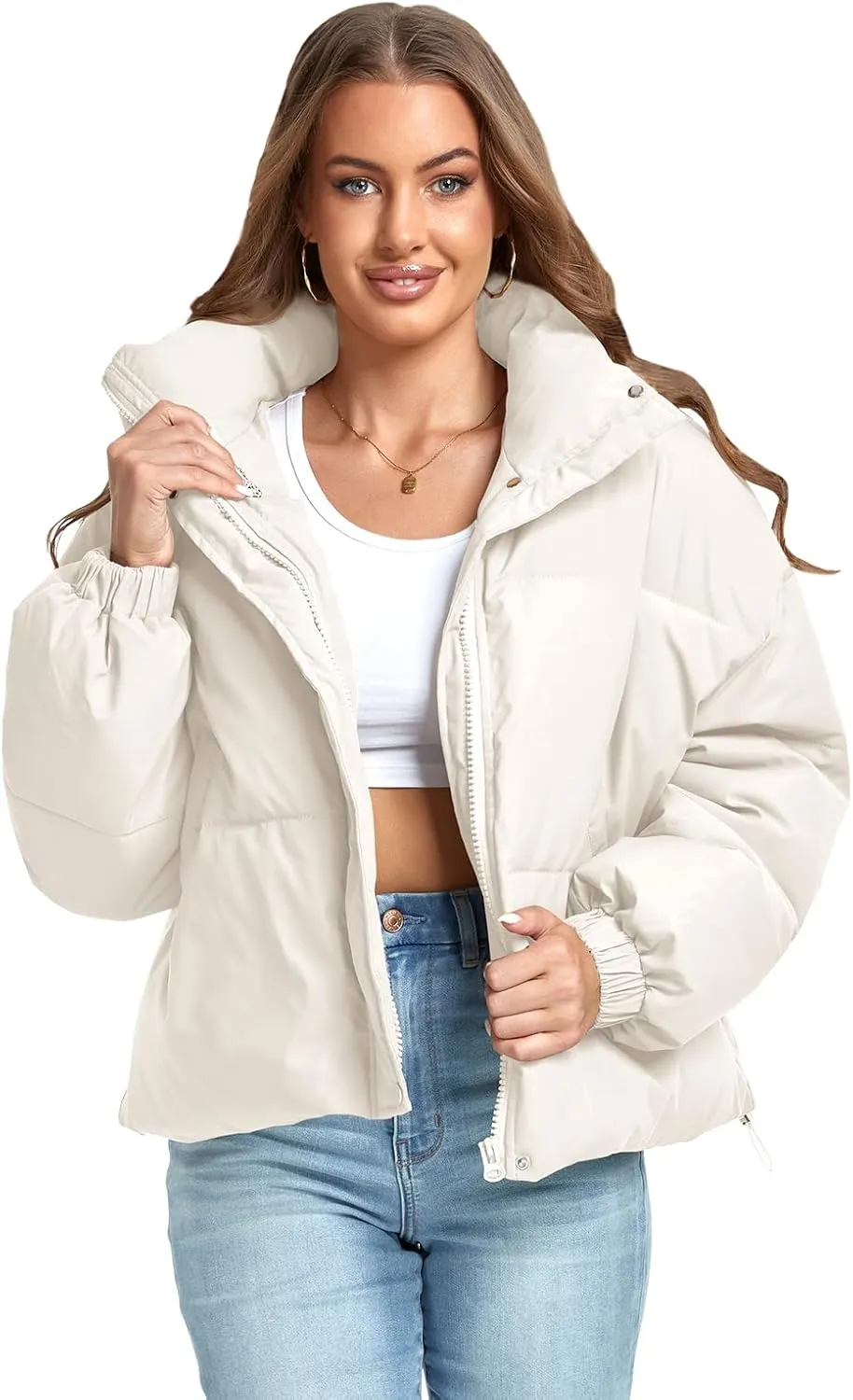 Women's Winter Puffer Jacket Baggy Stand Collar Zip Quilted Padded Down Outwear Coat with Pockets