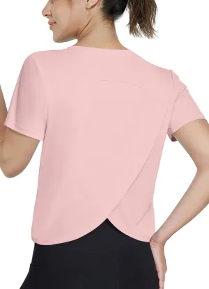 Women's Workout Shirts Short Sleeve Cropped Split Back Athletic Tops Active Running Gym Quick Dry Sun Shirts UPF 50 