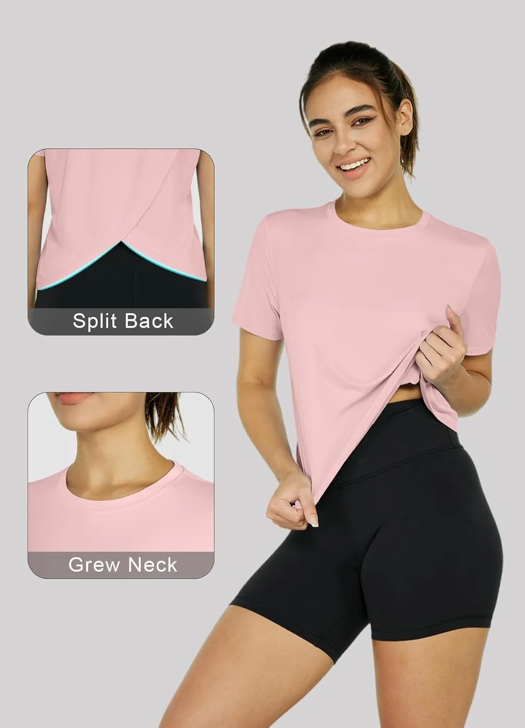 Women's Workout Shirts Short Sleeve Cropped Split Back Athletic Tops Active Running Gym Quick Dry Sun Shirts UPF 50 