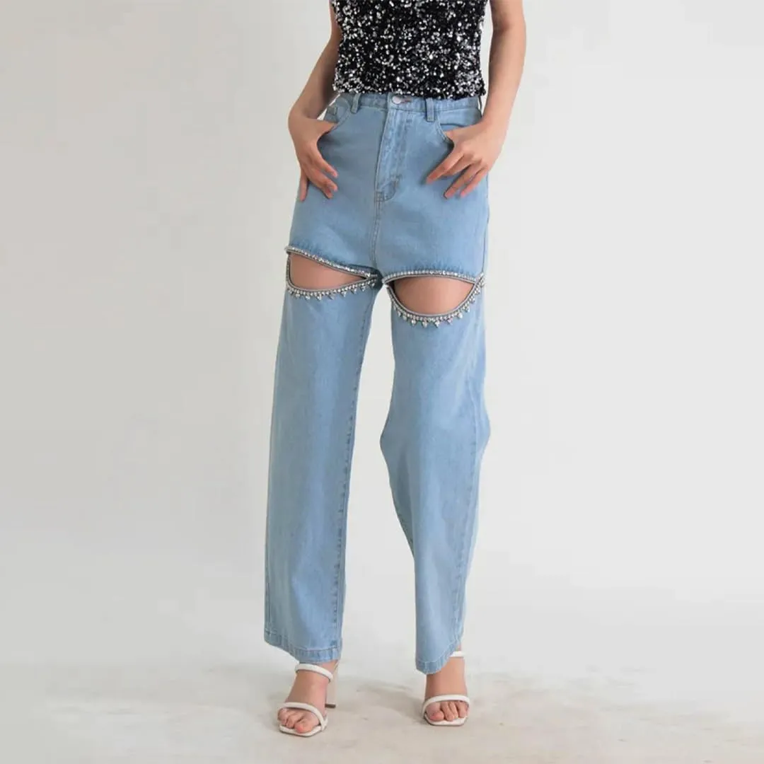 Women's Y2k Baggy Ripped Jeans High Waist Loose Rhinestone Distressed Wide Leg Pants for Women Streetwear