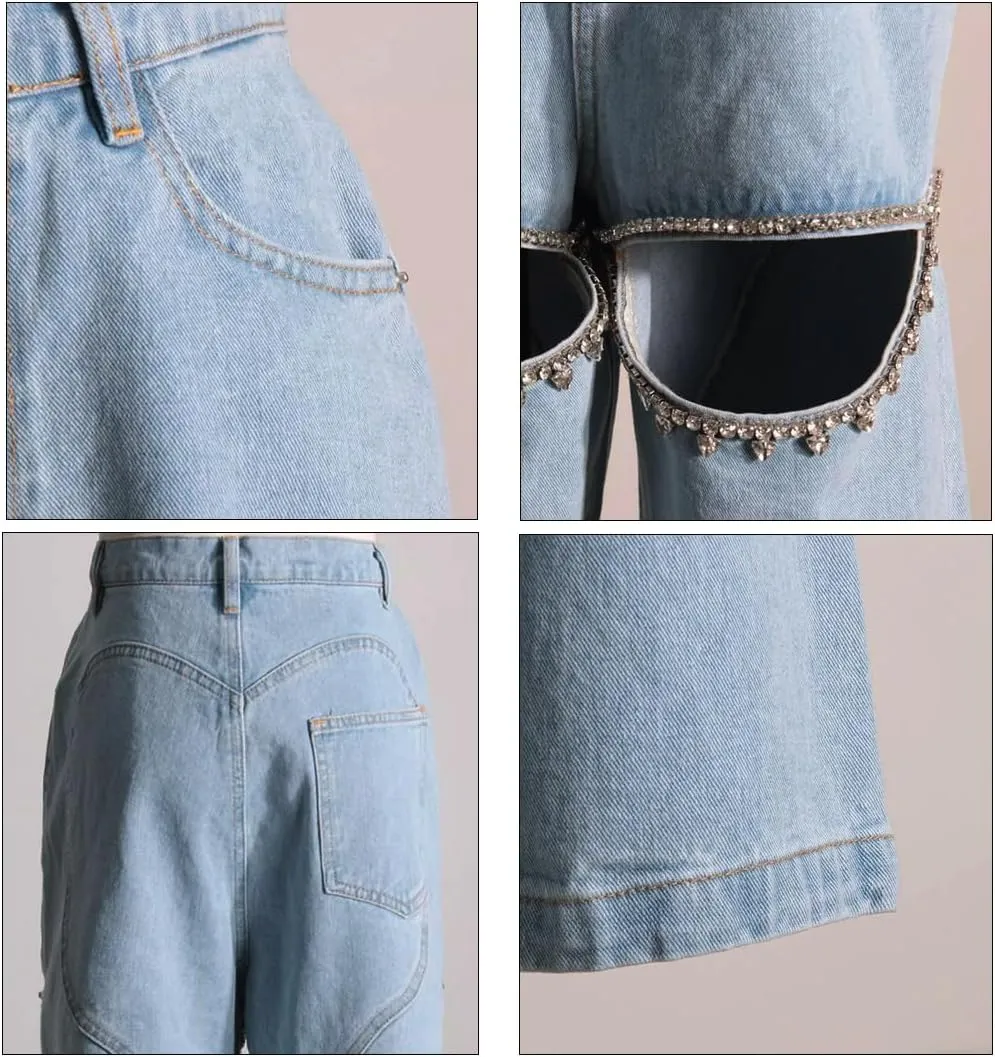 Women's Y2k Baggy Ripped Jeans High Waist Loose Rhinestone Distressed Wide Leg Pants for Women Streetwear