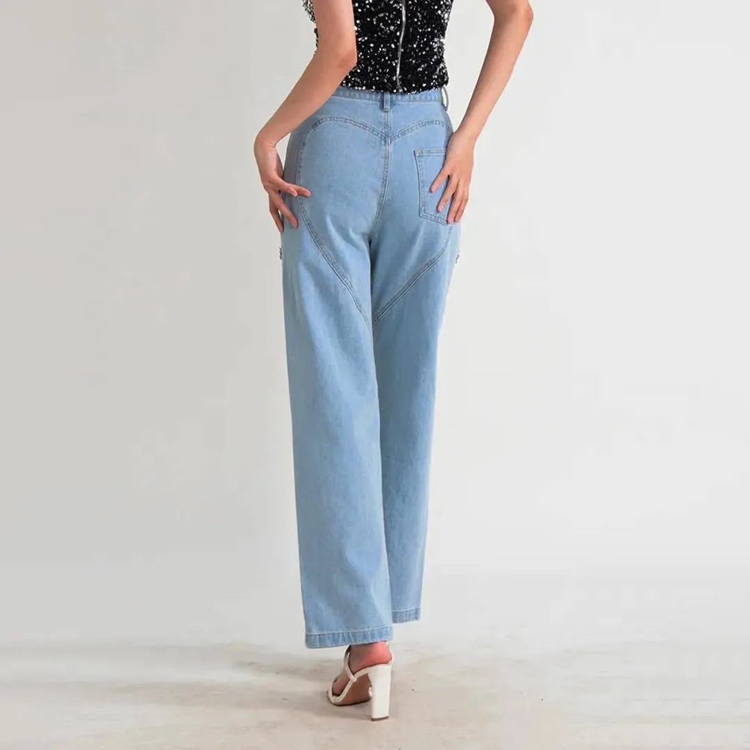 Women's Y2k Baggy Ripped Jeans High Waist Loose Rhinestone Distressed Wide Leg Pants for Women Streetwear