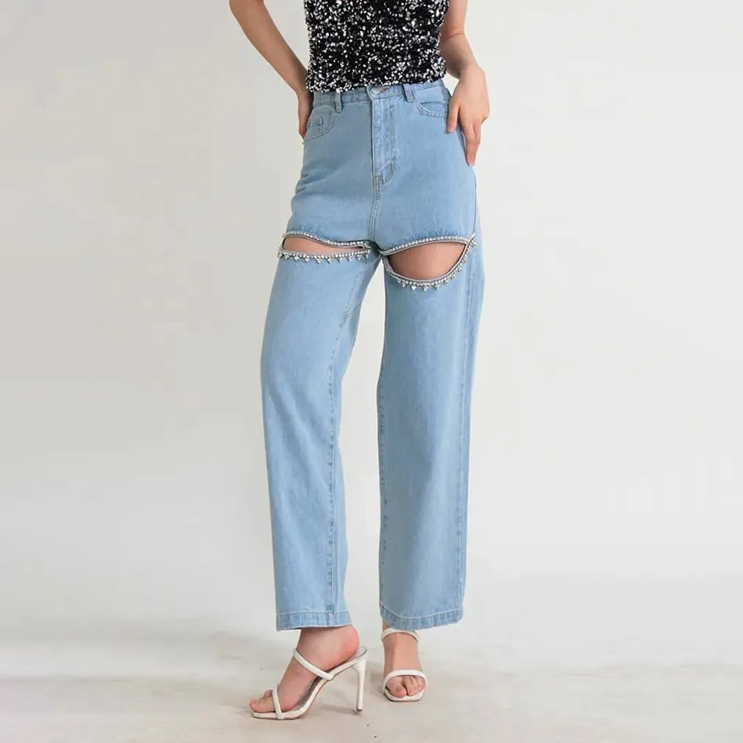 Women's Y2k Baggy Ripped Jeans High Waist Loose Rhinestone Distressed Wide Leg Pants for Women Streetwear