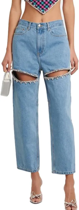 Women's Y2k Baggy Ripped Jeans High Waist Loose Rhinestone Distressed Wide Leg Pants for Women Streetwear