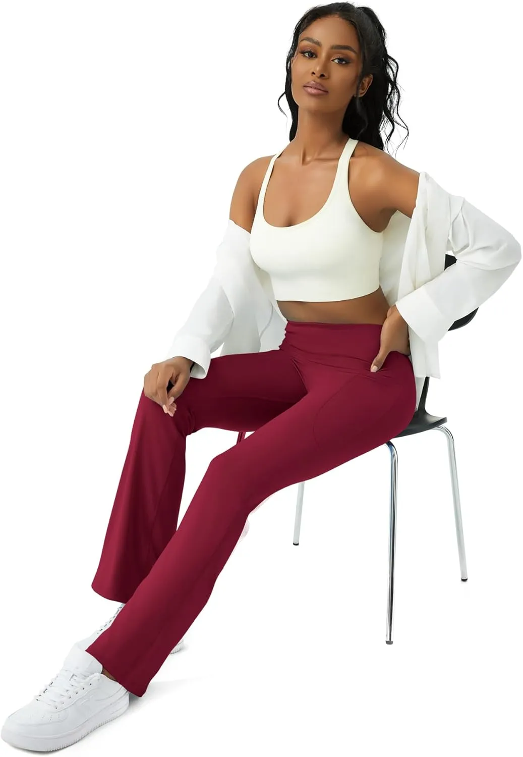 Womens Yoga Pants with Pockets High Waisted Flare Leggings Bell Bottom Yoga Dress Pants Seamless Bootcut Pants
