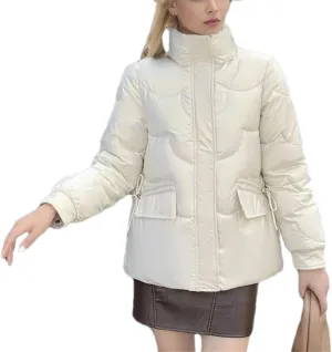 Women's Zipper Glossy Short Parkas Coats Vintage Lace-Up Pockets Cotton-Padded Jacket