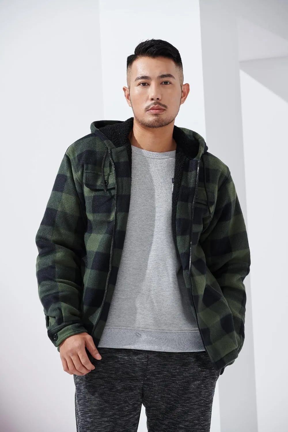Yasumond Men's Hoodies Flannel Full Zip Sherpa Lined Heavy Fleece Plaid Warm Hooded Jackets,S-5XL