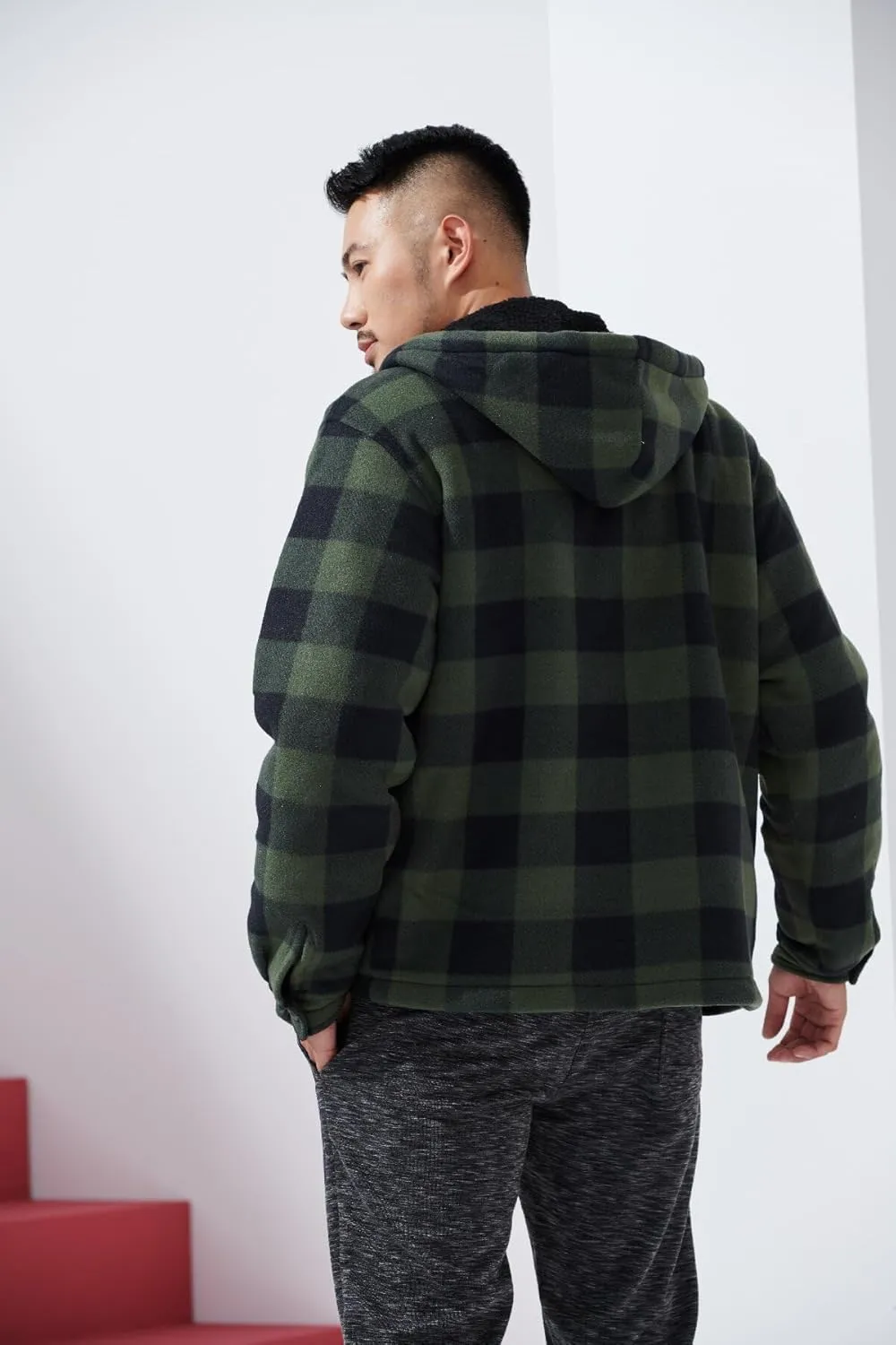 Yasumond Men's Hoodies Flannel Full Zip Sherpa Lined Heavy Fleece Plaid Warm Hooded Jackets,S-5XL