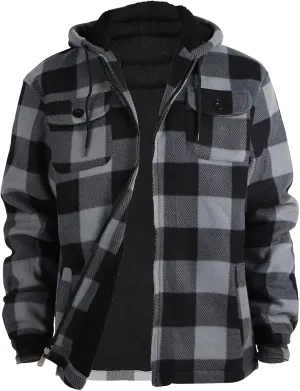 Yasumond Men's Hoodies Flannel Full Zip Sherpa Lined Heavy Fleece Plaid Warm Hooded Jackets,S-5XL