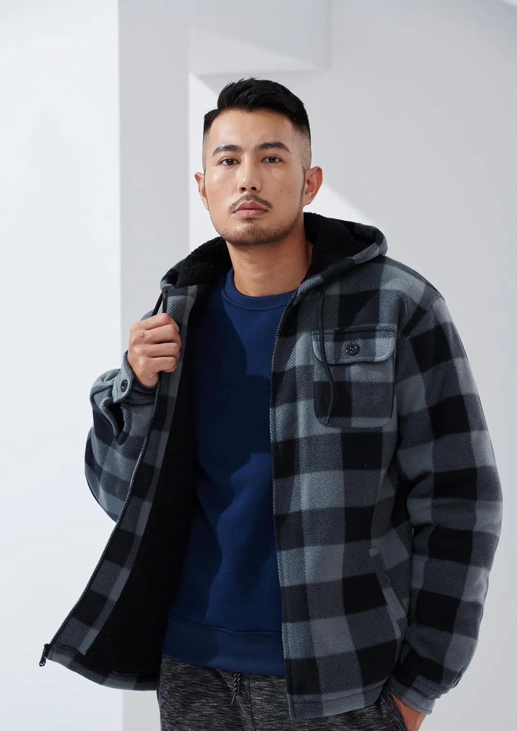 Yasumond Men's Hoodies Flannel Full Zip Sherpa Lined Heavy Fleece Plaid Warm Hooded Jackets,S-5XL