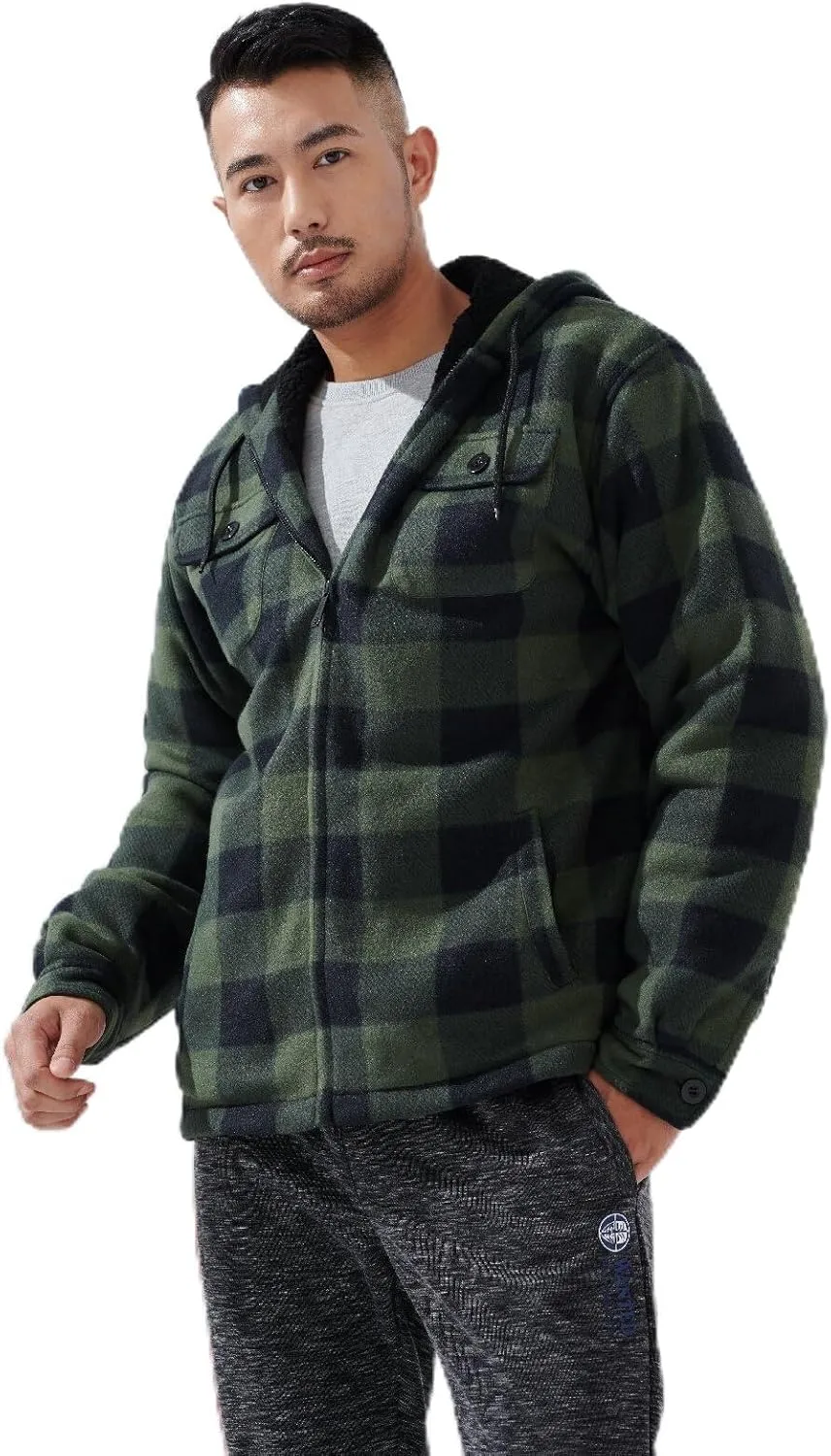 Yasumond Men's Hoodies Flannel Full Zip Sherpa Lined Heavy Fleece Plaid Warm Hooded Jackets,S-5XL