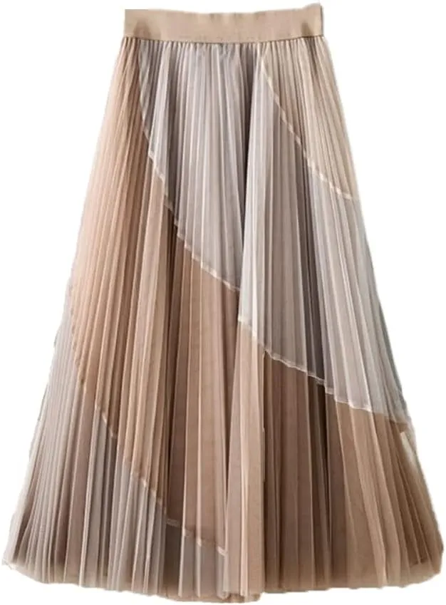 YIOLEAMP Women's Gauze Patchwork Pleated Midi Skirts, Spring Summer Streetwear Casual Elastic High-Waisted Skirt