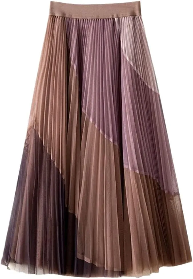 YIOLEAMP Women's Gauze Patchwork Pleated Midi Skirts, Spring Summer Streetwear Casual Elastic High-Waisted Skirt