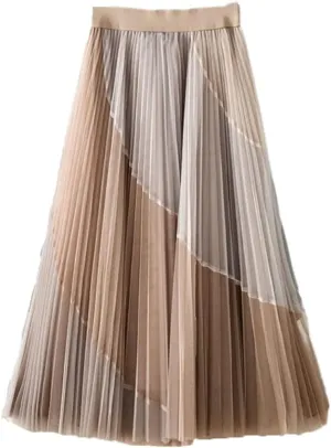YIOLEAMP Women's Gauze Patchwork Pleated Midi Skirts, Spring Summer Streetwear Casual Elastic High-Waisted Skirt