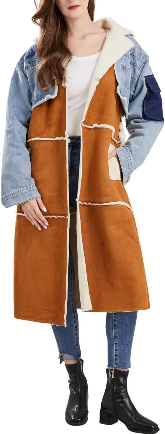 yoeasy Women's Color Block Lapel Sherpa Lined Long Jacket Belt Denim Splicing Coats With Pockets